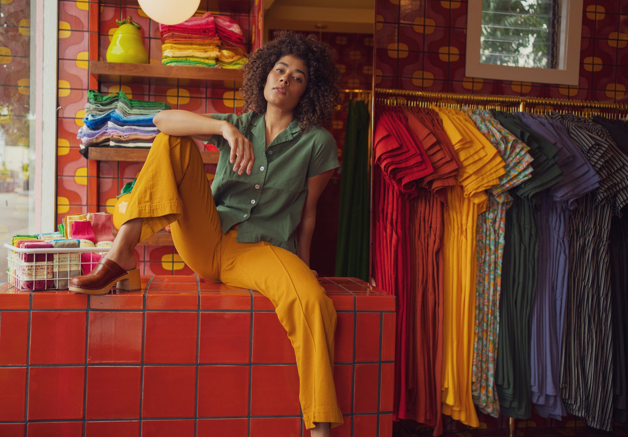 Shelby wearing Pantry Button-Up in Dark Emerald Green and Western Pants in Spicy Mustard