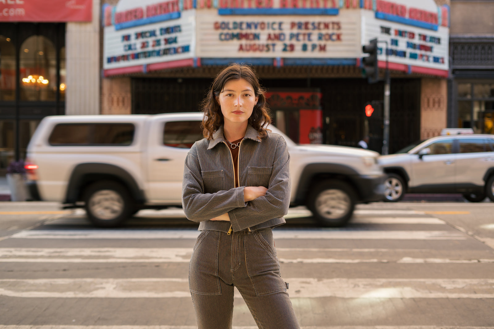 Alexandra Skye is wearing Mechanic Jacket and Carpenter Jeans in Vintage Tan