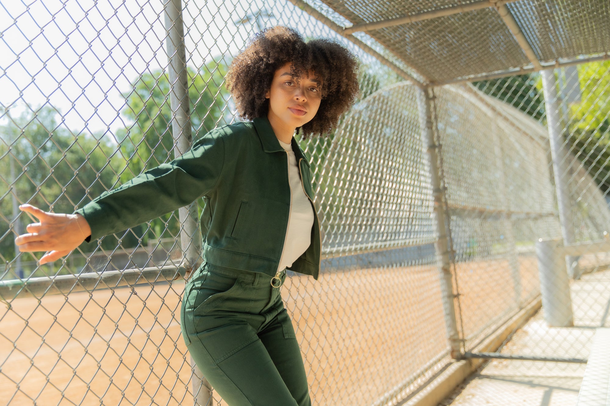 Gabi is wearing Ricky Jacket in Swamp Green and Work Pants in Swamp Green. 