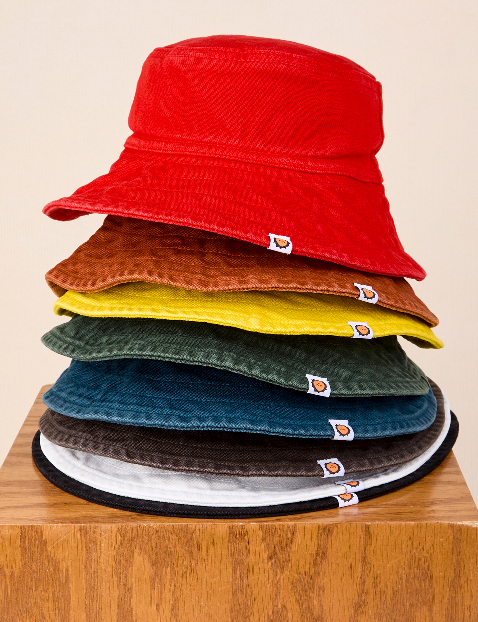 A stack of Wide Brim Denim Bucket Hats