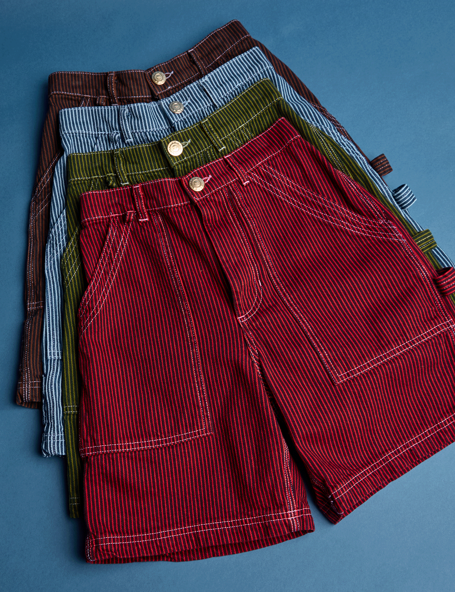 Railroad Carpenter Shorts in Fudgesicle Brown, Baby Blue, Summer Olive and Mustang Red