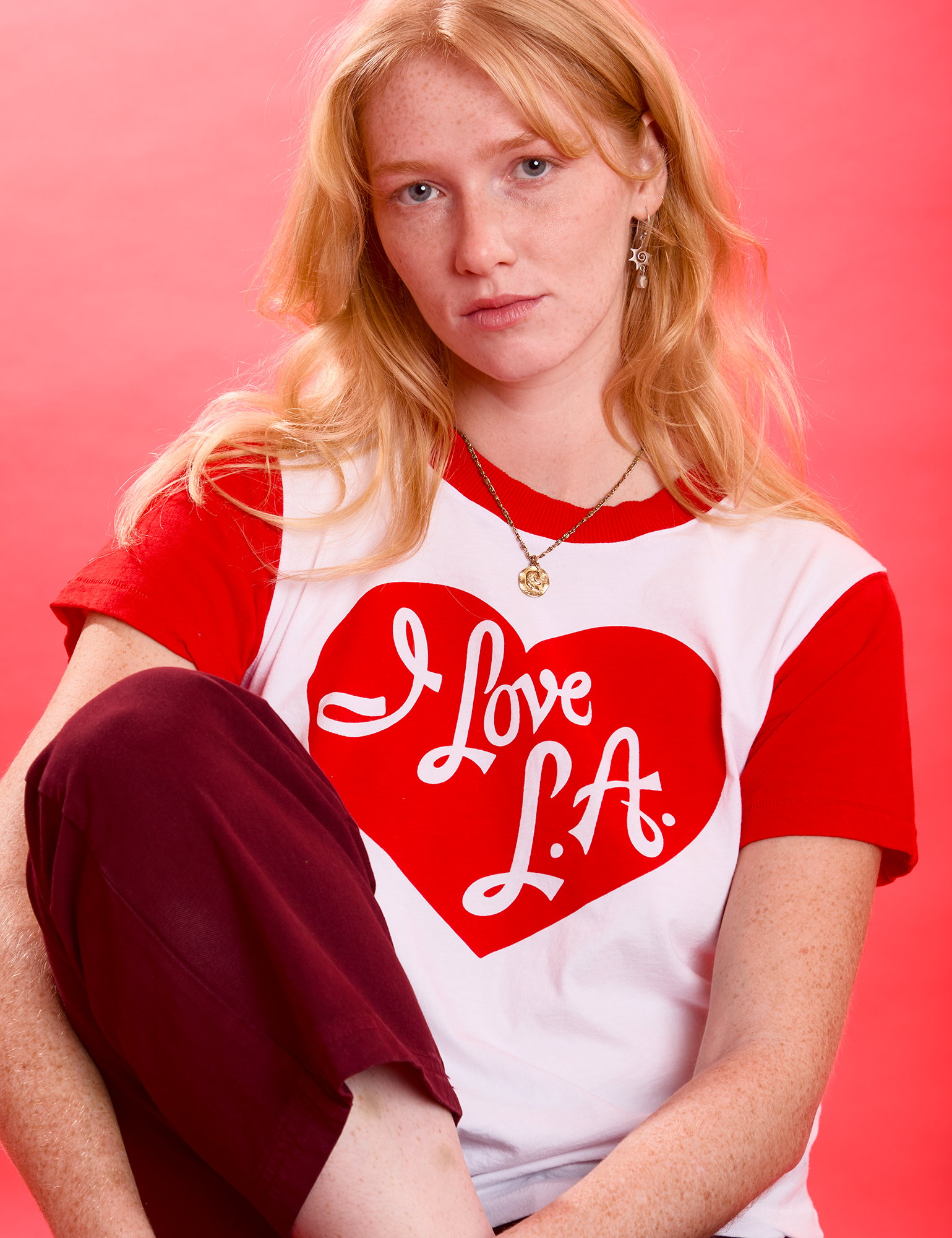 Margaret is wearing I Love LA Benefit Tee