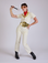 Alex is wearing short sleeve jumpsuit in vintage tee white with Elvis accessories