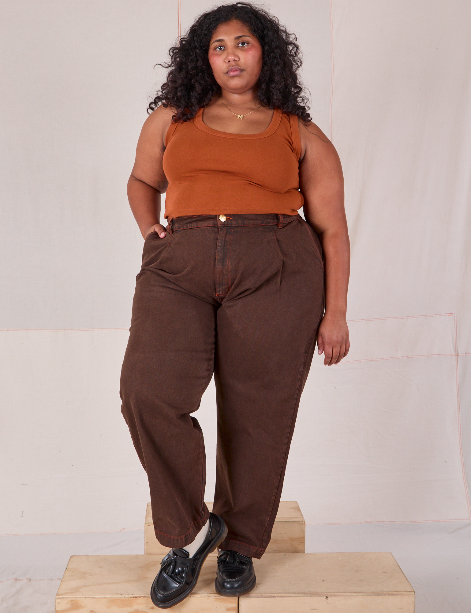 Morgan is wearing Overdyed Denim Trouser in Fudge