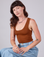 Alex is 5'8" and wearing P Cropped Tank Top in Burnt Terracotta