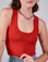 Close up of Cropped Tank Top in Mustang Red on Alex