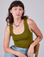 Alex is 5'8" and wearing P Cropped Tank Top in Olive Green