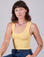 Alex is 5'8" and wearing P Cropped Tank Top in Butter Yellow