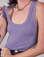 Front close up of Cropped Tank Top in Faded Grape with Alex pulling on one strap