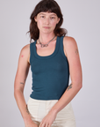 Alex is 5'8" and wearing P Tank Top in Lagoon
