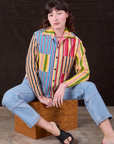 Alex is 5'8" and wearing P Cropped Overshirt in Mixed Stripe