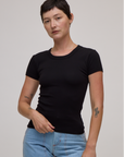 Alex is 5'8" and wearing P Baby Tee in Basic Black