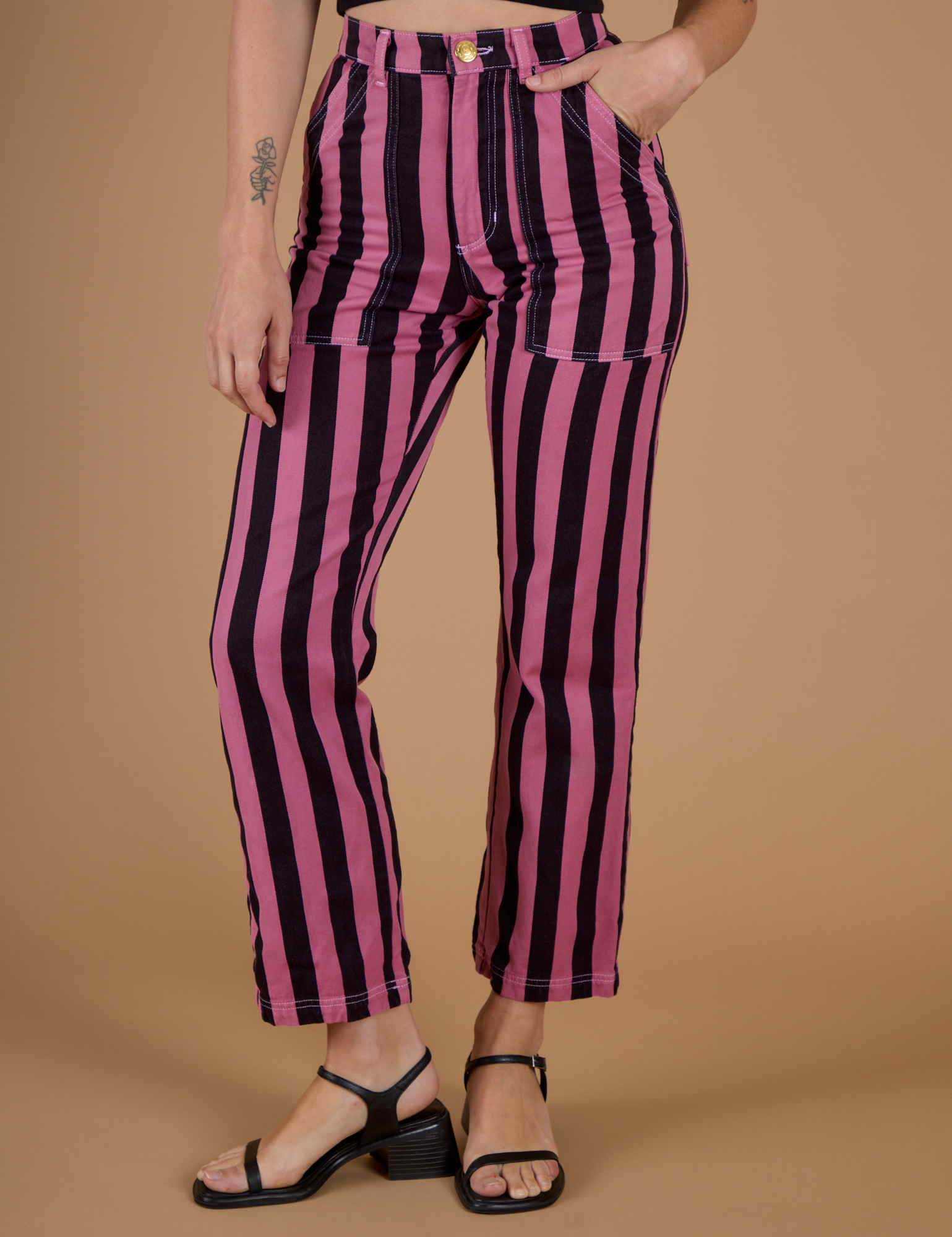 Black Stripe Work Pants - Bubblegum Pink