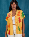 Kandia is 5'3" and wearing XXS Gummy Bear Pantry Button-Up 