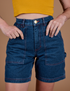 Front close up of Carpenter Shorts in Dark Wash on Alex