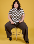 Ashely is wearing Checker Organic Tee in Espresso Brown
