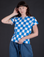Alex is 5'8" and wearing P Checker Organic Tee in Blue