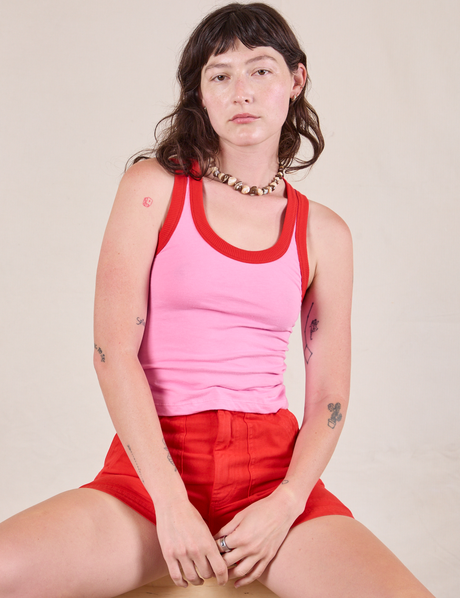 Alex is wearing Colorblock Cropped Tank in Bubblegum Pink