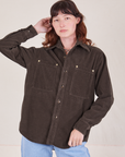 Alex is 5'8" and wearing P Corduroy Overshirt in Espresso Brown