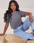 Kandia is 5'3" and wearing P Cropped Burly Tee in Washed Grey