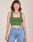 Alex is 5'8" and wearing P Cropped Tank Top in Lawn Green