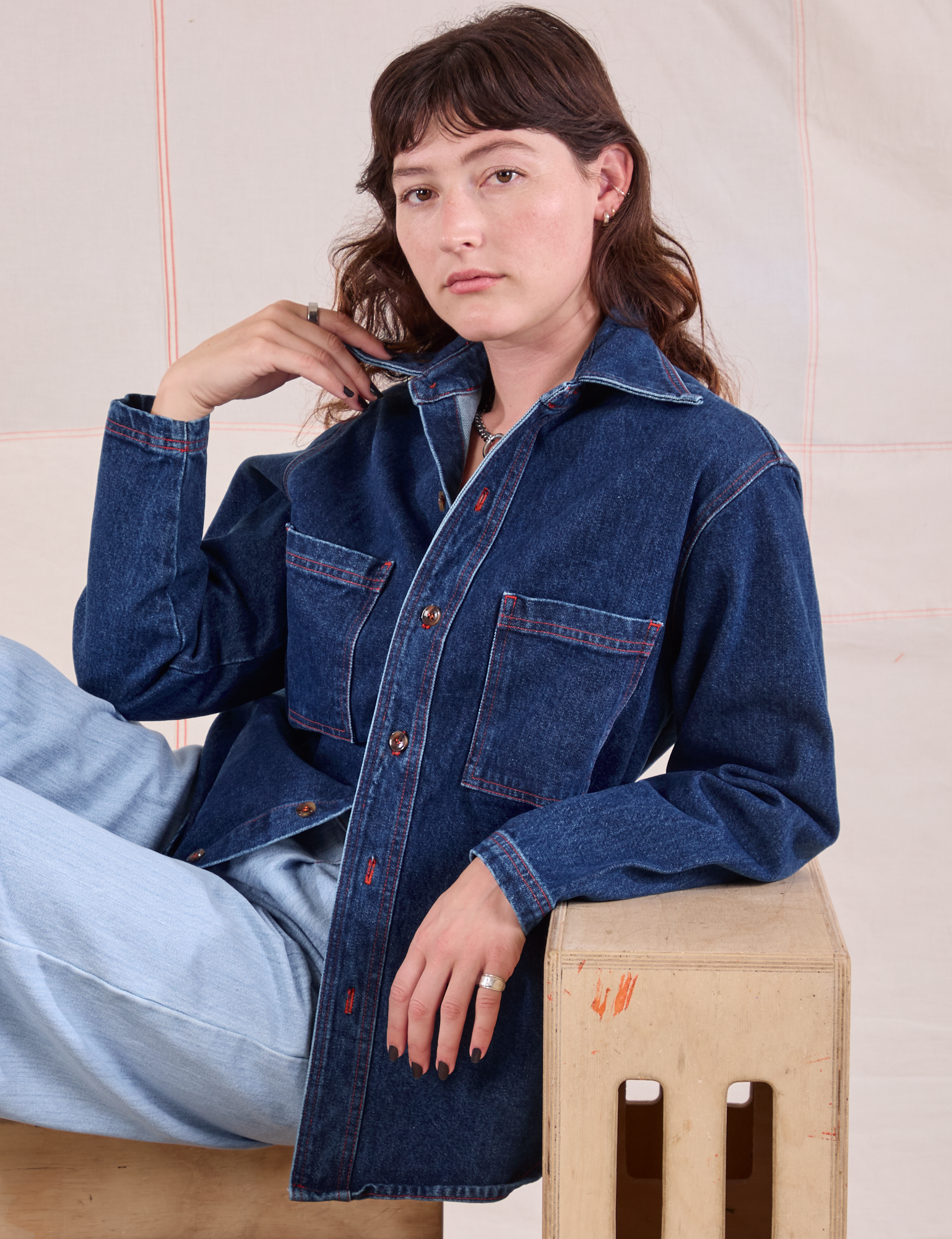 Alex is wearing Denim Overshirt in Dark Wash