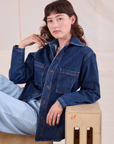 Alex is wearing Denim Overshirt in Dark Wash