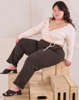 Ashley is wearing Easy Pants in Espresso Brown and vintage tee off-white Wrap Top