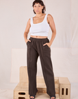 Tiara is 5'4" and wearing S Easy Western Pants in Espresso Brown