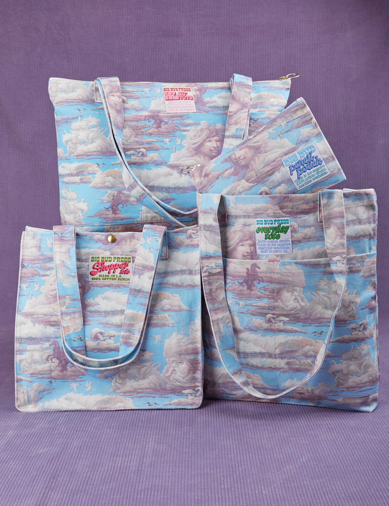 Cloud Kingdom bags featuring Shopper Tote, Everyday Tote, XL Zip Tote and Pencil Pouch
