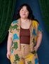 Ashley is 5'7" and wearing L Paintstamped Pantry Button-Up in Froggy
