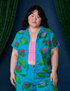 Ashley is 5'7" and wearing L Paintstamped Pantry Button-Up in Lilypad 