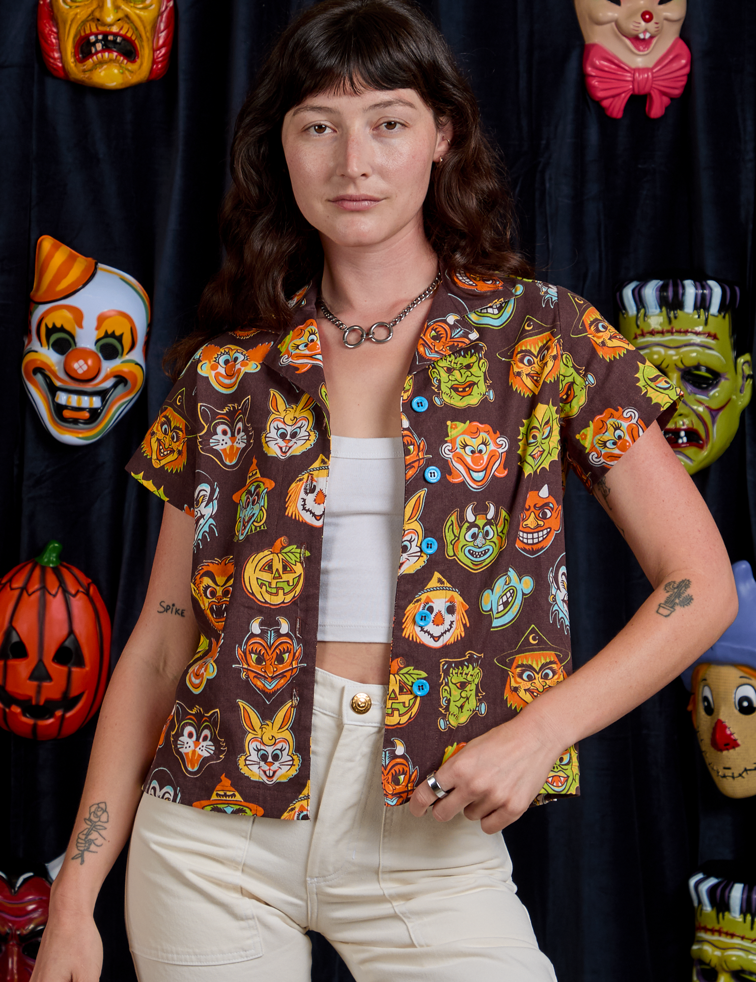 Alex is is 5&#39;8&quot; and wearing P Halloween Masks Pantry Button-Up