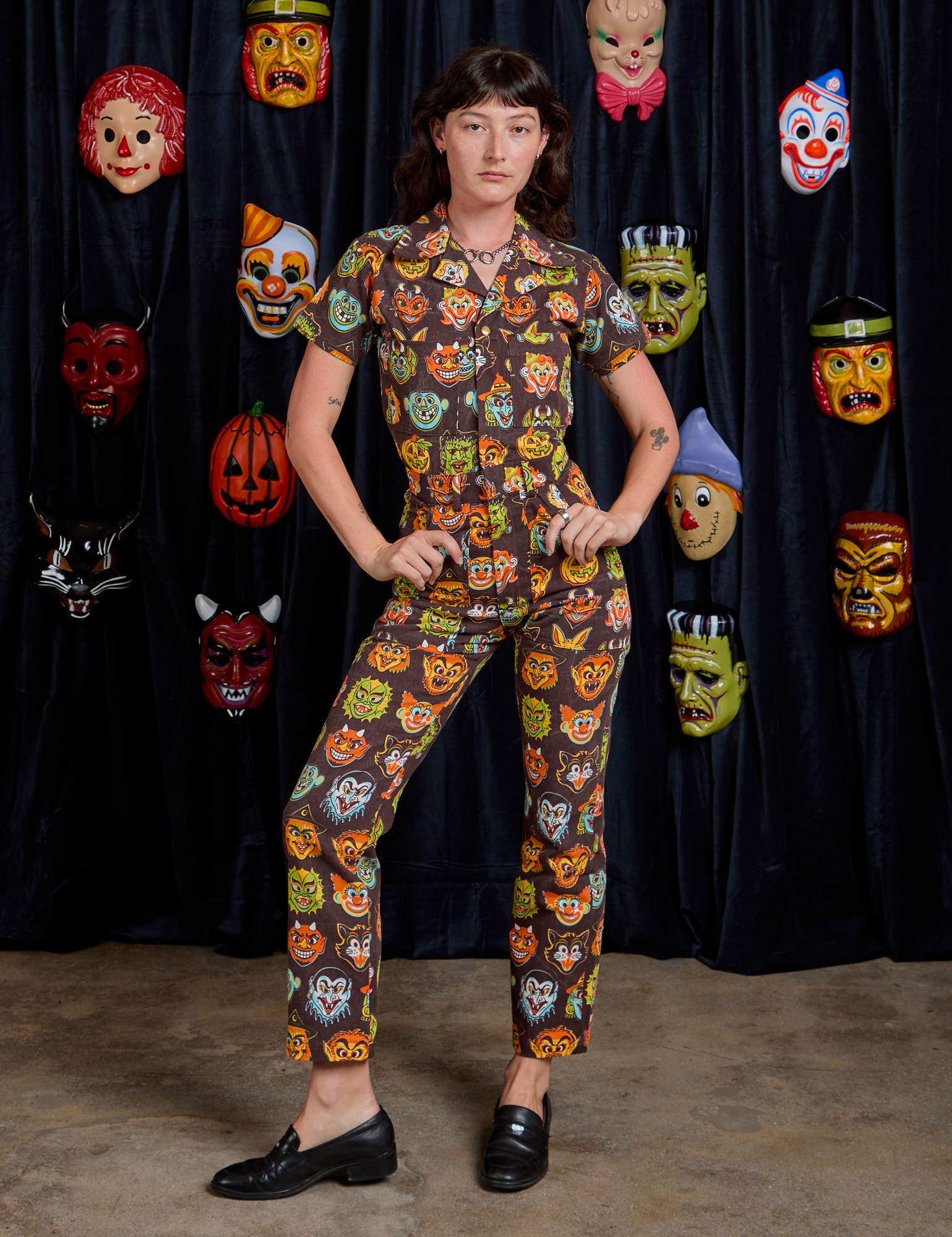 Alex is is 5&#39;8&quot; and wearing XXS Short Sleeve Jumpsuit in Halloween Masks