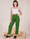 Alex is 5'8" and wearing XXS Heavyweight Trousers in Lawn Green paired with Cropped Cami in vintage tee off-white