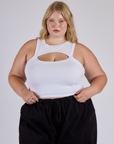 Juliet is 5’7” and wearing L Porthole Tank in Vintage Tee White