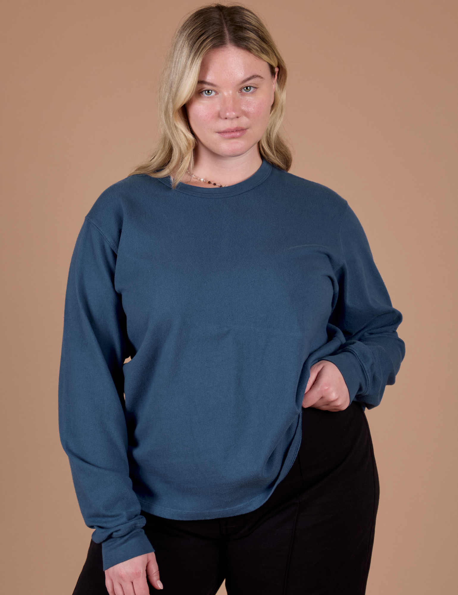 Lish is 5’8” and wearing S Long Sleeve Burly Tee in French Blue