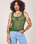 Jesse is 5'8" and wearing XS Mesh Tank Top in Lawn Green