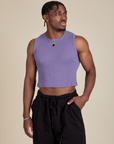 Isaac is 5’10” and wearing S Muscle Tee in Faded Grape