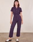 Alex is 5'8" and wearing XS Short Sleeve Jumpsuit in Nebula Purple