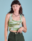 Alex is 5'8" and wearing P Cropped Tank Top in Ocean and Sky