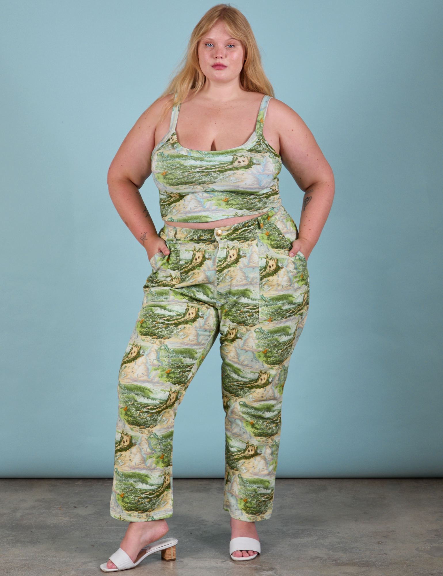 Juliet is 5'7" and wearing 1XL Work Pants in Ocean and Sky paired with matching cami