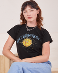 Alex is 5'8" and wearing P Sun Baby Organic Tee in Basic Black