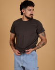 Jesse is 5’8” and wearing S Organic Vintage Tee in Espresso Brown