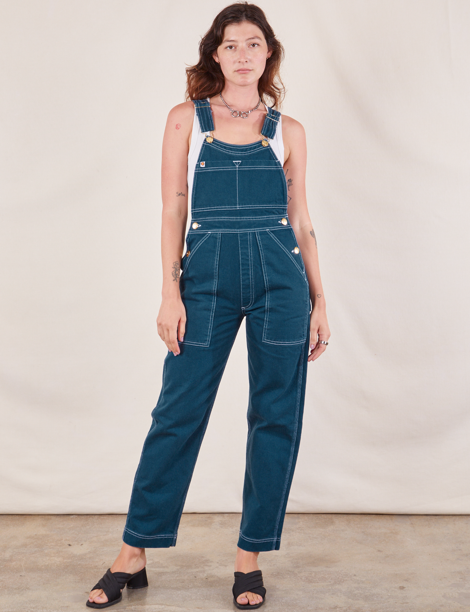 Alex is 5&#39;8&quot;and wearing P Original Overalls in Lagoon