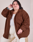 Sam is 5'10" and wearing 1XL Twill Overshirt in Fudgesicle Brown