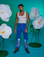Jesse is 5'8" and wearing XS Paintstamped Work Pants in Daisy paired with a Cropped Tank in Vintage Tee White