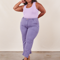 Morgan is 5'5" and wearing Petite 1XL Work Pants in Faded Grape paired with lilac purple Tank Top