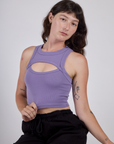 Alex is 5’8” and wearing P Porthole Tank in Faded Grape