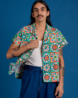 Anthony is 5’6” and wearing S Quilt Print Pantry Button-Up